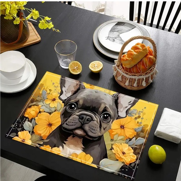One Yellow Floral French Bulldog / Boston Terrier Linen Dog Food Placemat - Picture 5 of 6